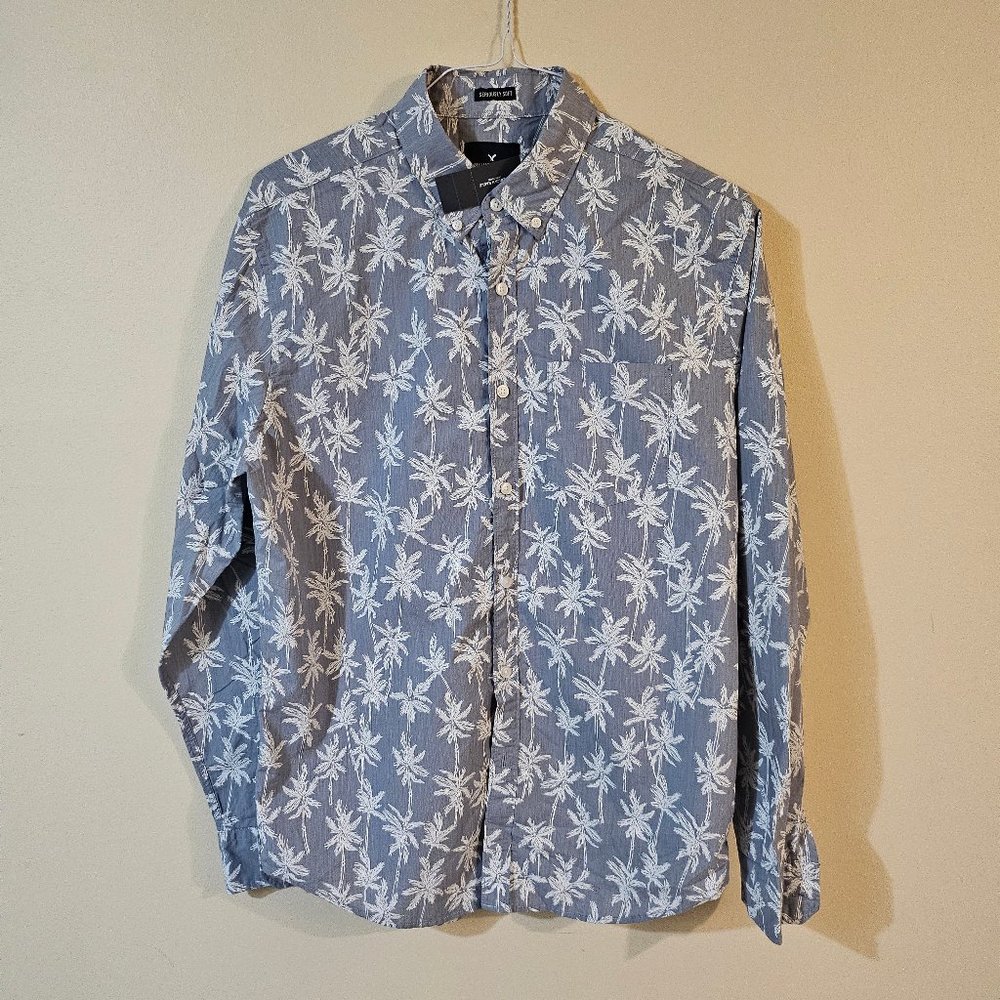 American Eagle Men's Long Sleeve Palm Trees Button Shirt - Size L